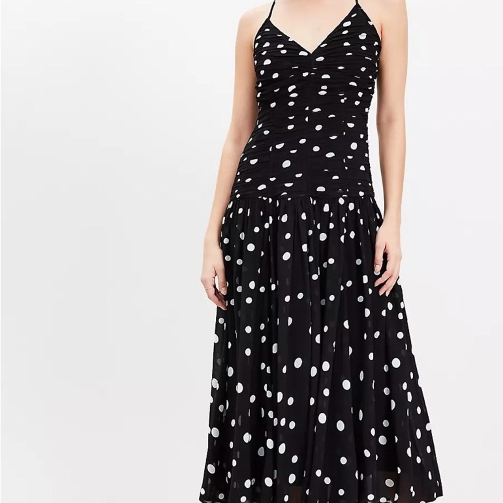 LOFT Black & White Polka Dot Midi Dress – Ruched Bodice